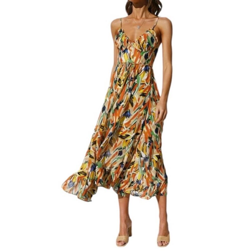 Commense Women's Medium Multicolor Cami Sleeveless Beach Vacation Midi Dress